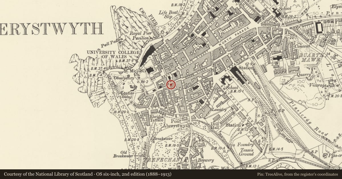 Ordnance Survey six-inch map, 2nd edition (1888–1913) covering the location of 18 Princess Street, Aberystwyth, Ceredigion, with a pin at the register's coordinates