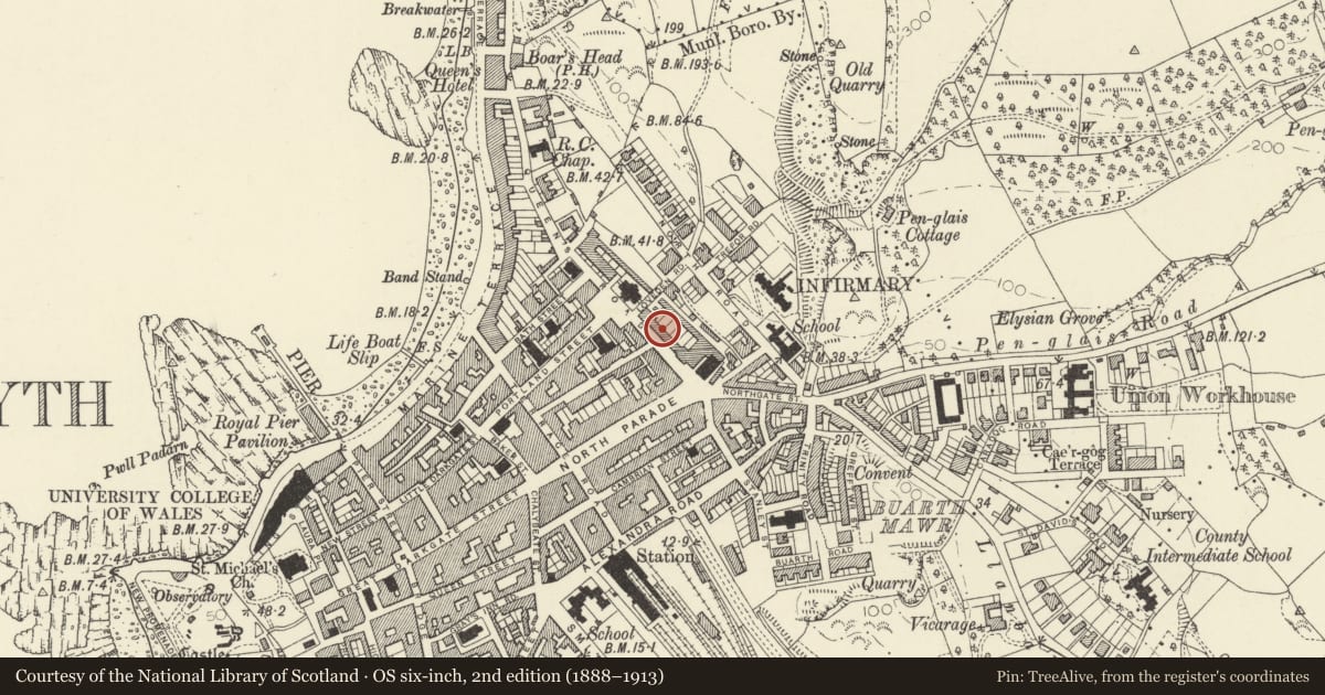 Ordnance Survey six-inch map, 2nd edition (1888–1913) covering the location of No.13 Queens Terrace, Aberystwyth, Ceredigion, with a pin at the register's coordinates