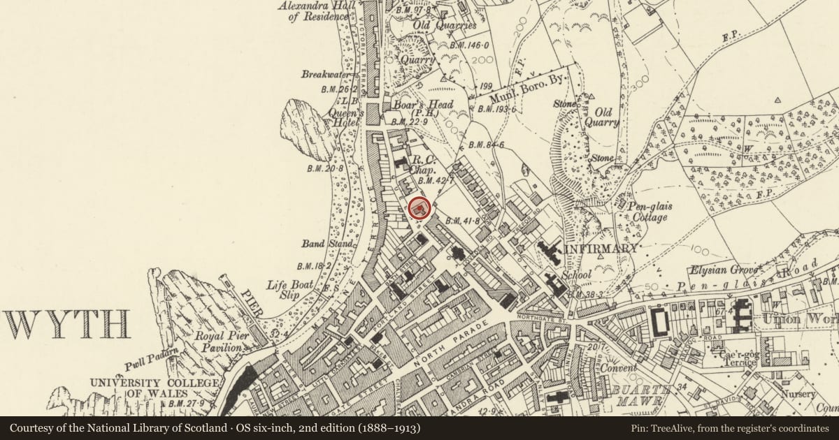 Ordnance Survey six-inch map, 2nd edition (1888–1913) covering the location of Edleston House (Royal Commission on Ancient & Historic Monuments of Wales), Aberystwyth, Ceredigion, with a pin at the register's coordinates