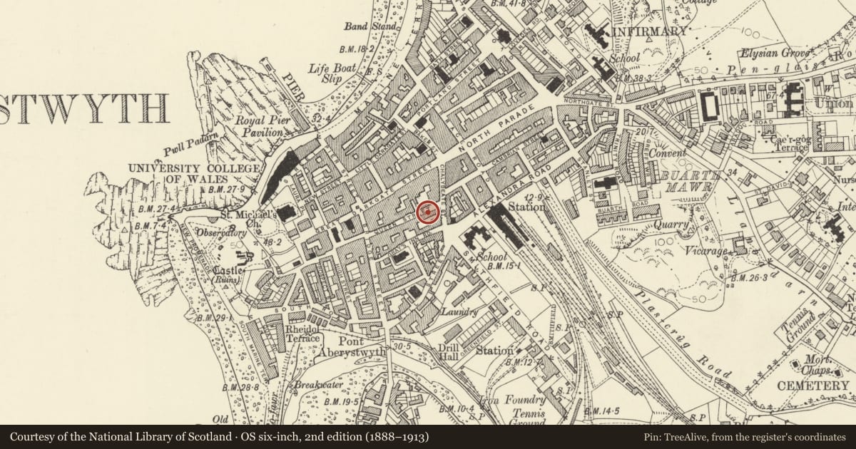 Ordnance Survey six-inch map, 2nd edition (1888–1913) covering the location of 8 Queen Street, Aberystwyth, Ceredigion, with a pin at the register's coordinates