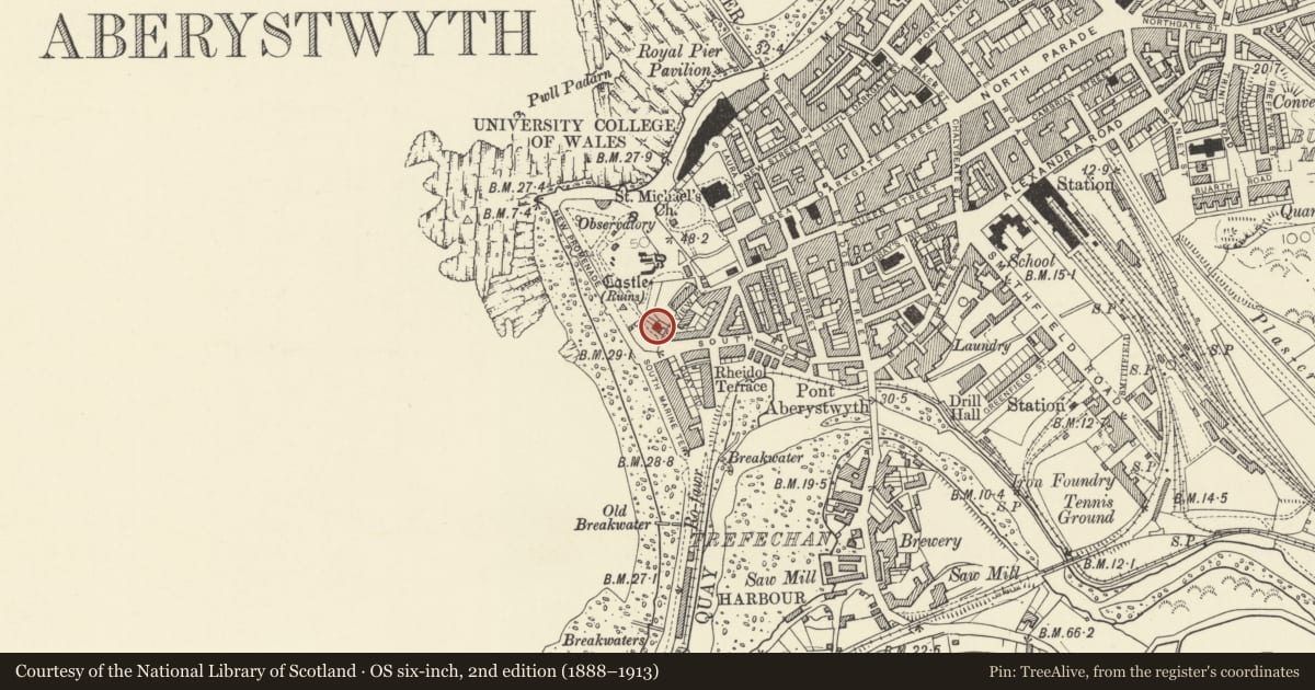 Ordnance Survey six-inch map, 2nd edition (1888–1913) covering the location of 27 Sea View Place, Aberystwyth, Ceredigion, with a pin at the register's coordinates