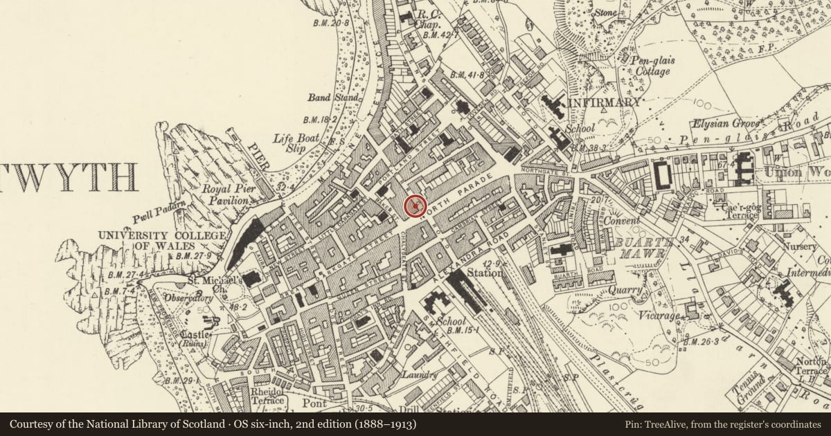 Ordnance Survey six-inch map, 2nd edition (1888–1913) covering the location of Barclays Bank, Aberystwyth, Ceredigion, with a pin at the register's coordinates