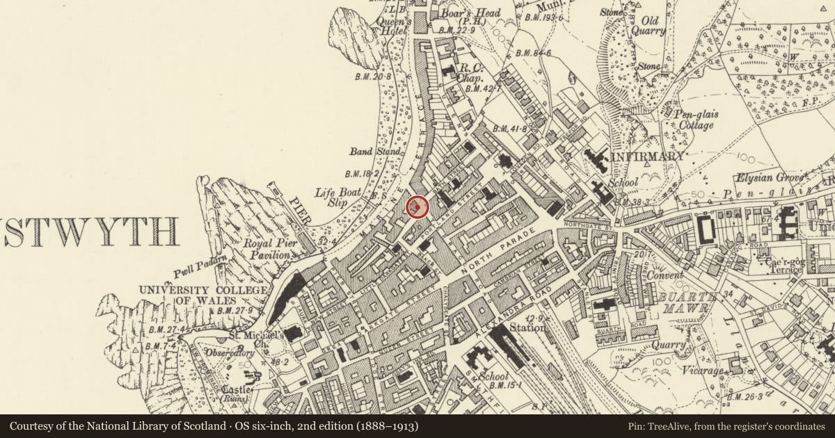 Ordnance Survey six-inch map, 2nd edition (1888–1913) covering the location of National Milk Bars Restaurant, Aberystwyth, Ceredigion, with a pin at the register's coordinates