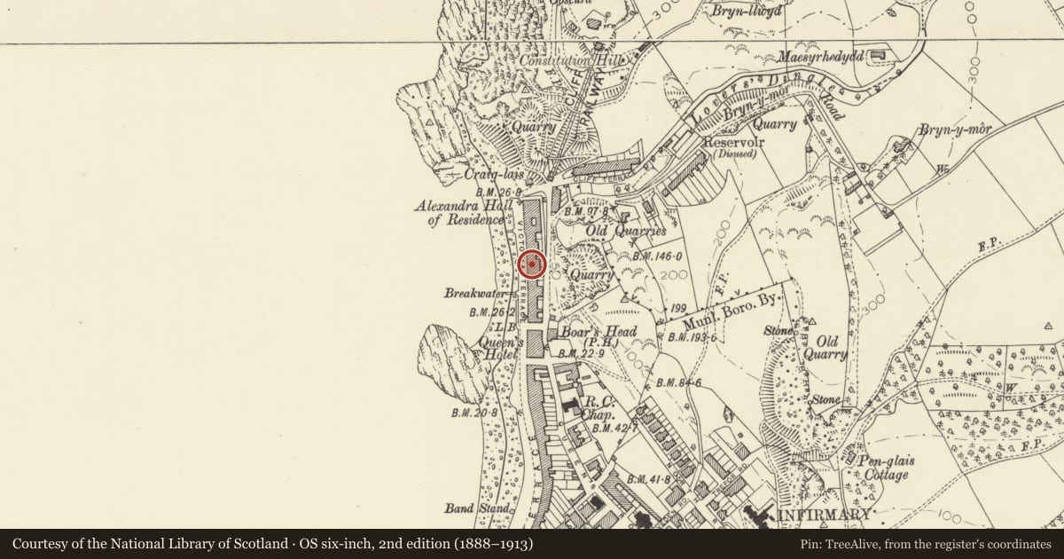 Ordnance Survey six-inch map, 2nd edition (1888–1913) covering the location of Sea Bank Hotel, Aberystwyth, Ceredigion, with a pin at the register's coordinates