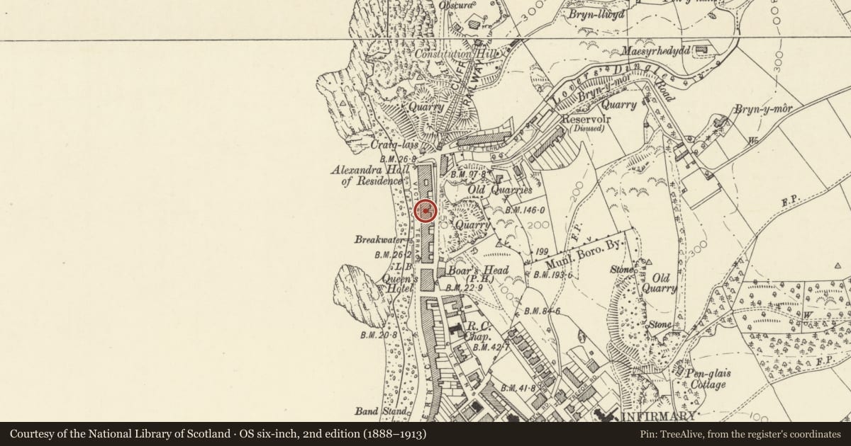 Ordnance Survey six-inch map, 2nd edition (1888–1913) covering the location of Clarendon Hotel, Aberystwyth, Ceredigion, with a pin at the register's coordinates