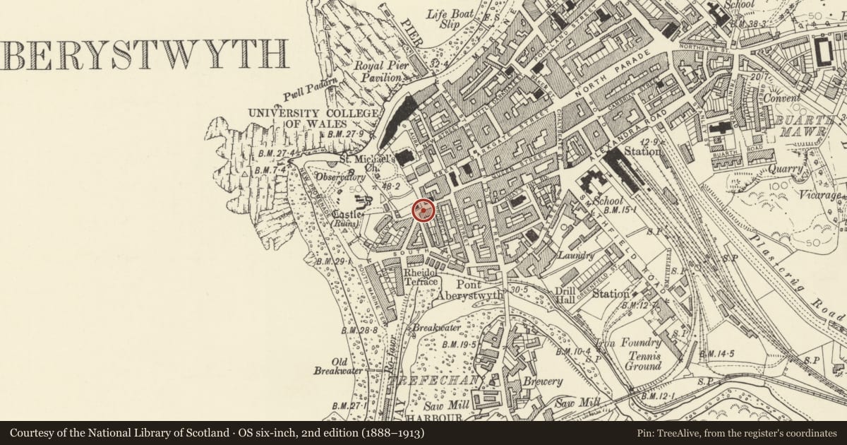 Ordnance Survey six-inch map, 2nd edition (1888–1913) covering the location of 12 Vulcan Street, Aberystwyth, Ceredigion, with a pin at the register's coordinates