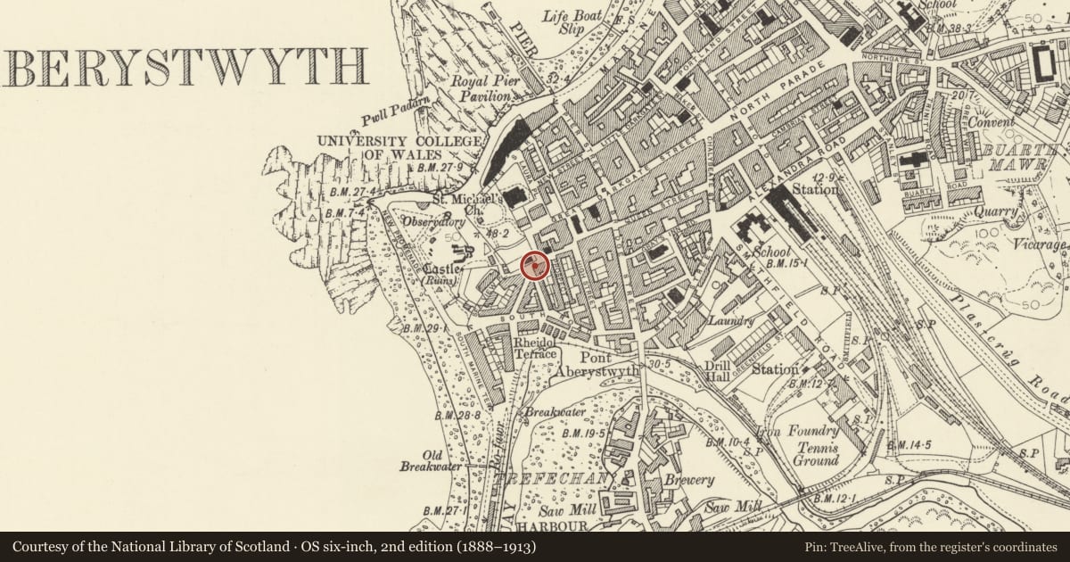 Ordnance Survey six-inch map, 2nd edition (1888–1913) covering the location of 14 Vulcan Street, Aberystwyth, Ceredigion, with a pin at the register's coordinates