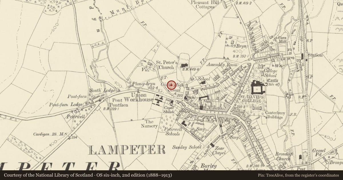 Ordnance Survey six-inch map, 2nd edition (1888–1913) covering the location of Catholic Church of Our Lady of Mount Carmel including attached presbytery, Lampeter, Ceredigion, with a pin at the register's coordinates