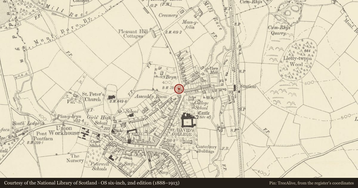 Ordnance Survey six-inch map, 2nd edition (1888–1913) covering the location of The War Memorial and surrounding terrace and walls, Lampeter, Ceredigion, with a pin at the register's coordinates