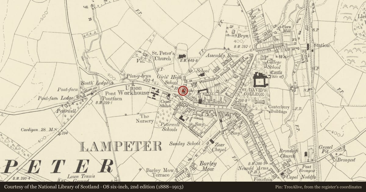 Ordnance Survey six-inch map, 2nd edition (1888–1913) covering the location of Church Hall/Neuadd Yr Eglwys & Attached House, Lampeter, Ceredigion, with a pin at the register's coordinates