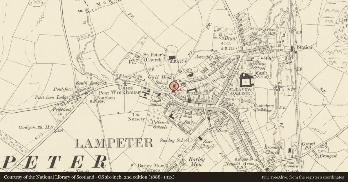Ordnance Survey six-inch map, 2nd edition (1888–1913) covering the location of 1 Church Street, Lampeter, Ceredigion, with a pin at the register's coordinates