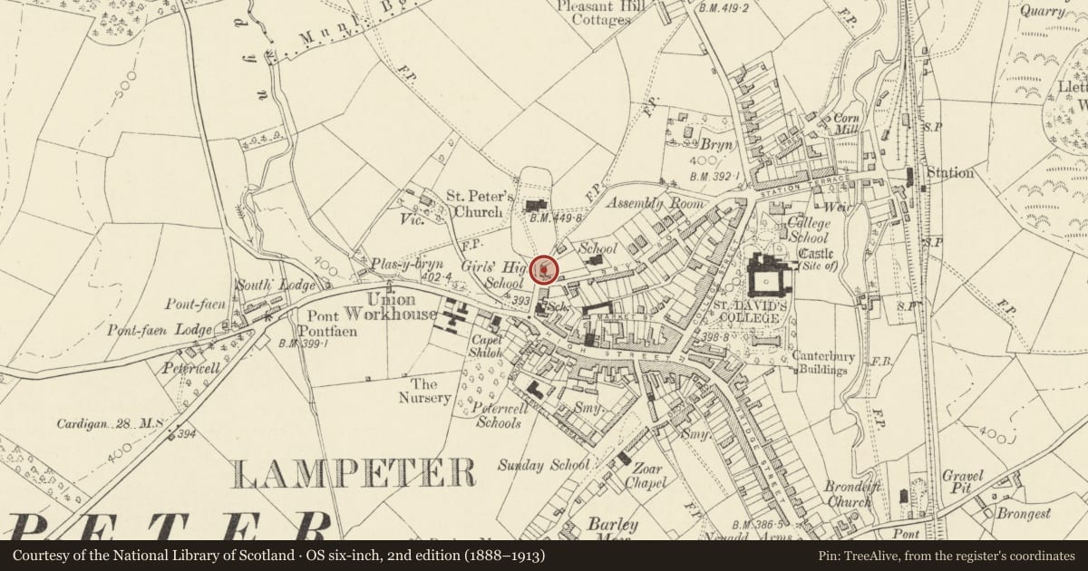 Ordnance Survey six-inch map, 2nd edition (1888–1913) covering the location of The Old Grammar School, Lampeter, Ceredigion, with a pin at the register's coordinates