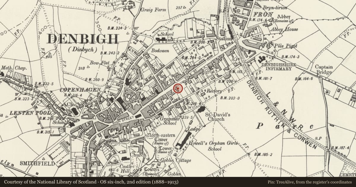 Ordnance Survey six-inch map, 2nd edition (1888–1913) covering the location of Police Station, including forecourt railings, Denbigh, Denbighshire, with a pin at the register's coordinates