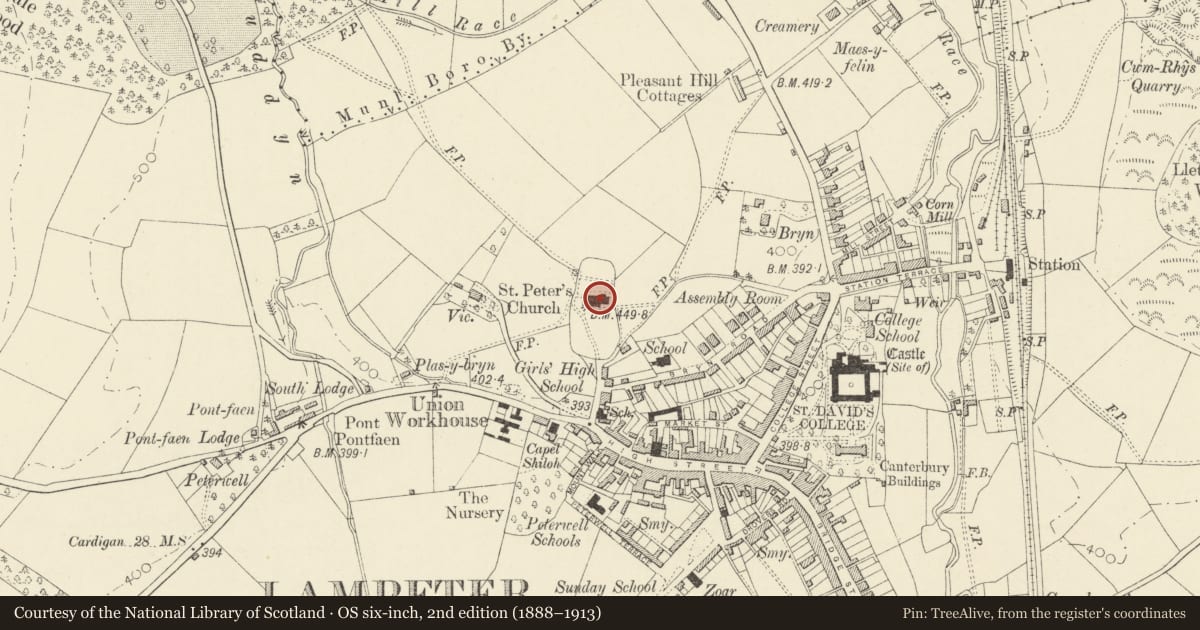 Ordnance Survey six-inch map, 2nd edition (1888–1913) covering the location of Parish Church of St Peter, Lampeter, Ceredigion, with a pin at the register's coordinates