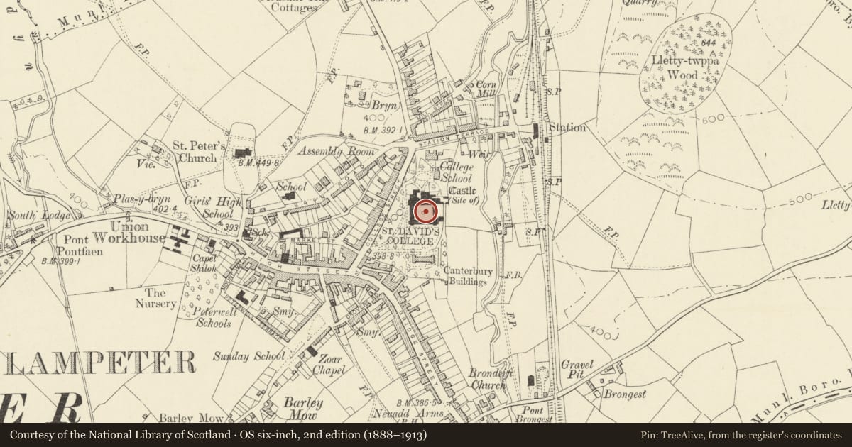 Ordnance Survey six-inch map, 2nd edition (1888–1913) covering the location of St Davids University College (Original Buildings), Lampeter, Ceredigion, with a pin at the register's coordinates