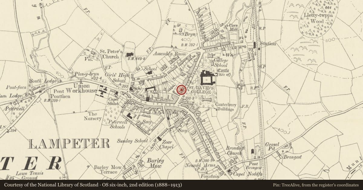 Ordnance Survey six-inch map, 2nd edition (1888–1913) covering the location of Post Office, Lampeter, Ceredigion, with a pin at the register's coordinates