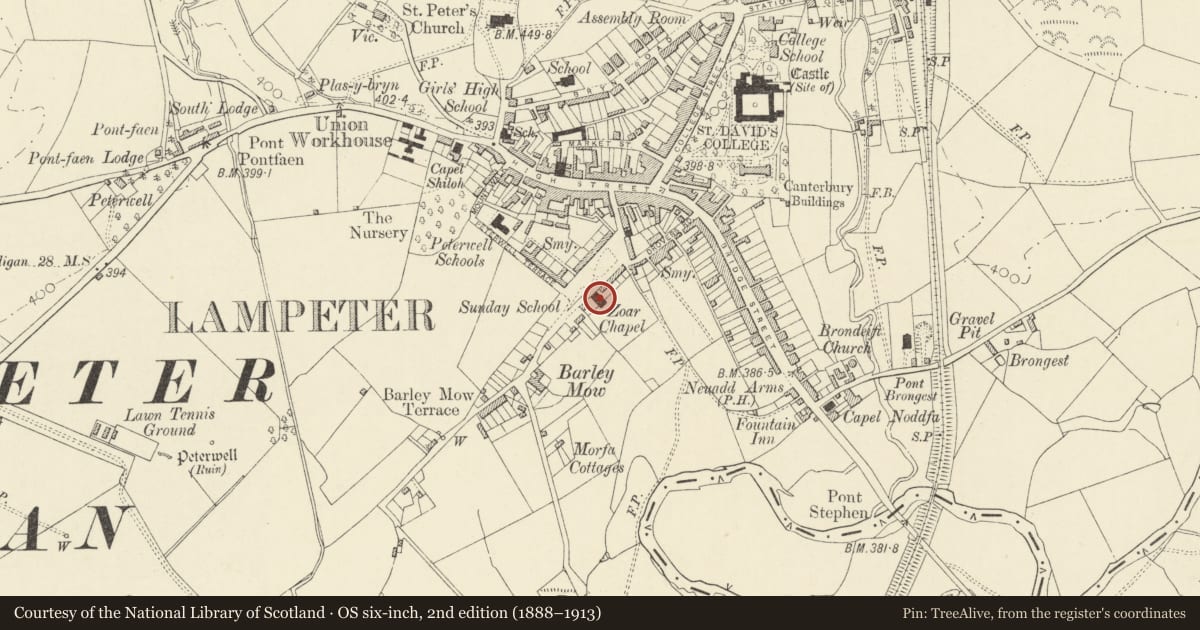 Ordnance Survey six-inch map, 2nd edition (1888–1913) covering the location of Capel Soar, Lampeter, Ceredigion, with a pin at the register's coordinates