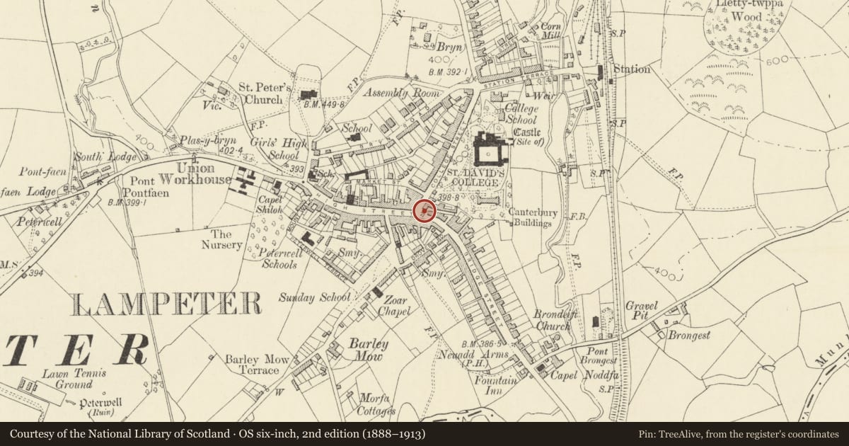 Ordnance Survey six-inch map, 2nd edition (1888–1913) covering the location of Harford Fountain, Lampeter, Ceredigion, with a pin at the register's coordinates