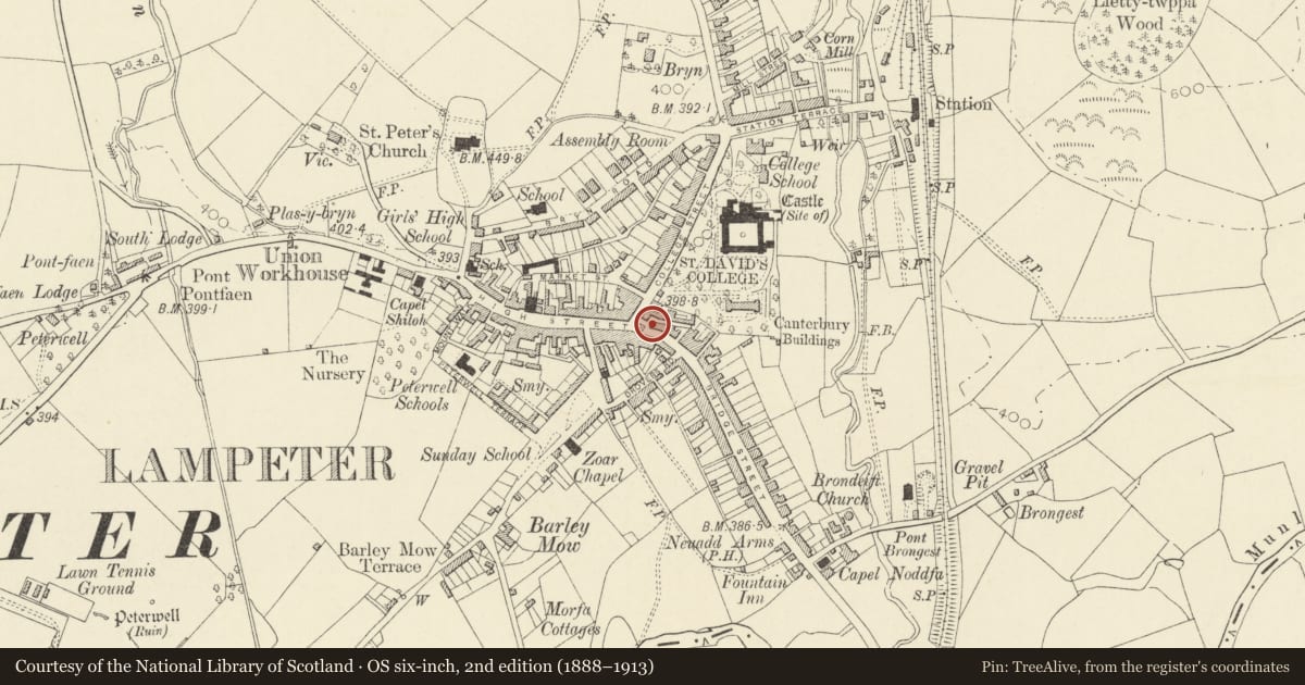Ordnance Survey six-inch map, 2nd edition (1888–1913) covering the location of 17 Harford Square, Lampeter, Ceredigion, with a pin at the register's coordinates