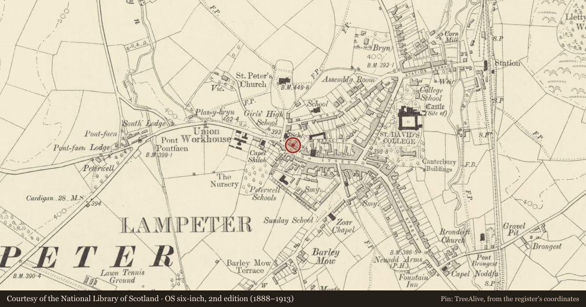 Ordnance Survey six-inch map, 2nd edition (1888–1913) covering the location of 30 High Street, Lampeter, Ceredigion, with a pin at the register's coordinates