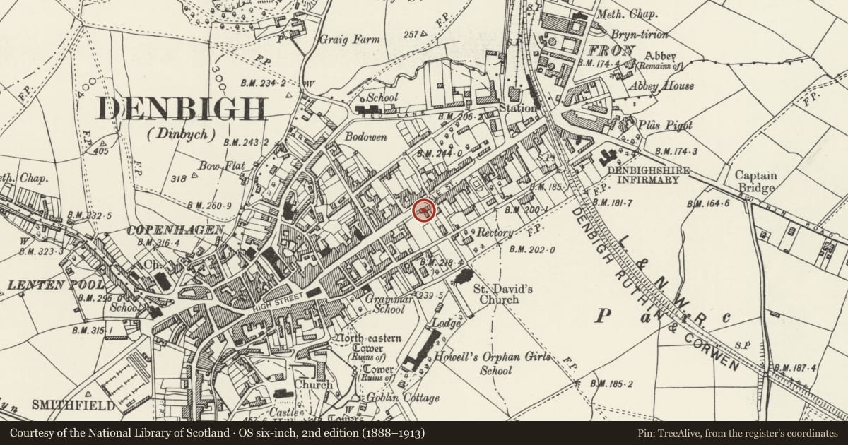 Ordnance Survey six-inch map, 2nd edition (1888–1913) covering the location of 56 Vale Street, Denbigh, Denbighshire, with a pin at the register's coordinates