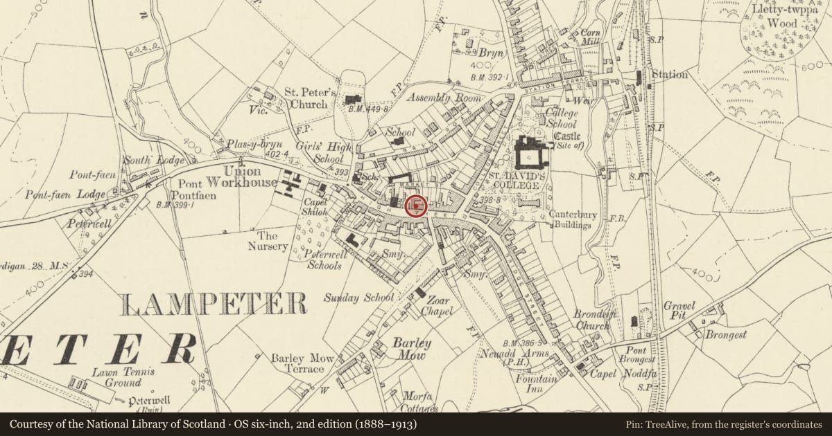 Ordnance Survey six-inch map, 2nd edition (1888–1913) covering the location of The Royal Oak P H, Lampeter, Ceredigion, with a pin at the register's coordinates