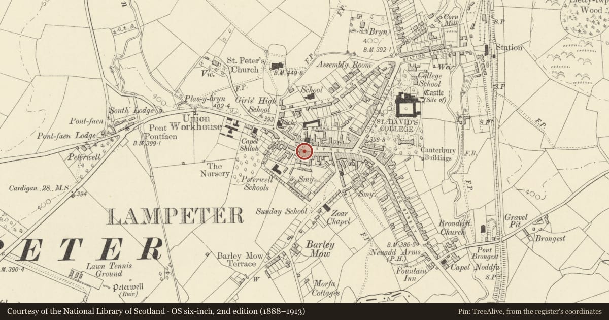 Ordnance Survey six-inch map, 2nd edition (1888–1913) covering the location of The Emporium, Lampeter, Ceredigion, with a pin at the register's coordinates