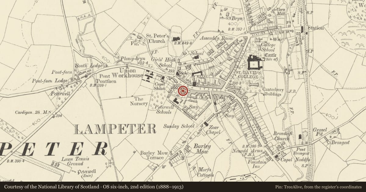 Ordnance Survey six-inch map, 2nd edition (1888–1913) covering the location of Former Tabernacle Chapel (behind Nos 18&19 High St), Lampeter, Ceredigion, with a pin at the register's coordinates
