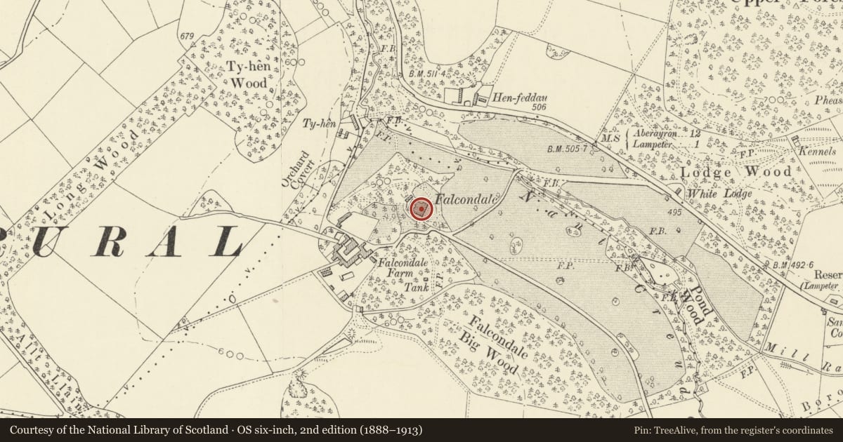 Ordnance Survey six-inch map, 2nd edition (1888–1913) covering the location of Falcondale Hotel, Lampeter, Ceredigion, with a pin at the register's coordinates