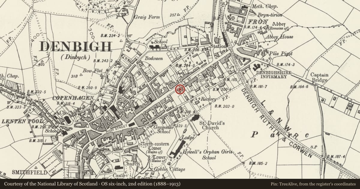 Ordnance Survey six-inch map, 2nd edition (1888–1913) covering the location of Lluest, Denbigh, Denbighshire, with a pin at the register's coordinates