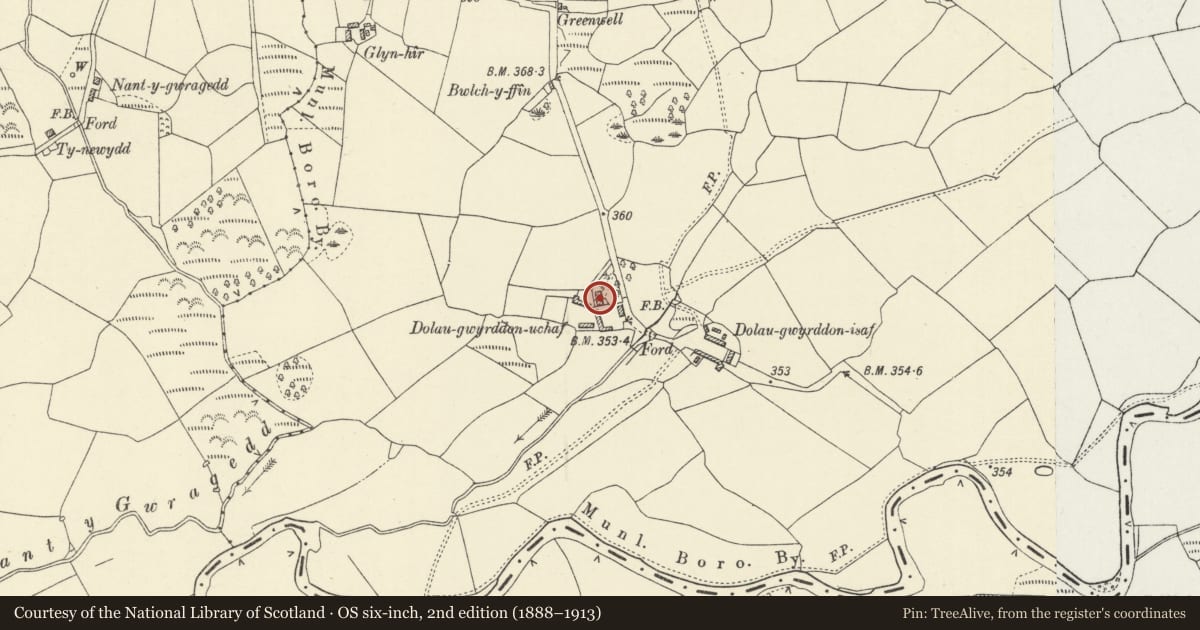 Ordnance Survey six-inch map, 2nd edition (1888–1913) covering the location of Dolau-Gwyrddon Uchaf, Lampeter, Ceredigion, with a pin at the register's coordinates