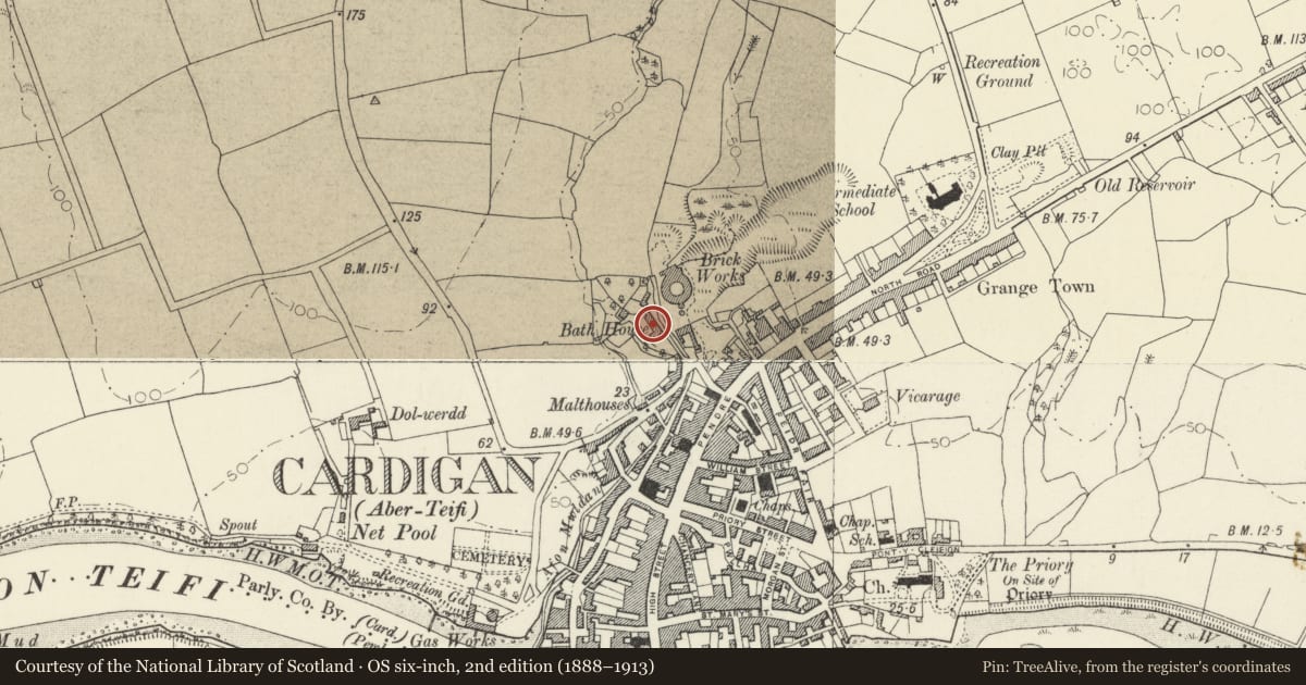 Ordnance Survey six-inch map, 2nd edition (1888–1913) covering the location of Outbuilding Ranges at Bath House Farm, Cardigan, Ceredigion, with a pin at the register's coordinates