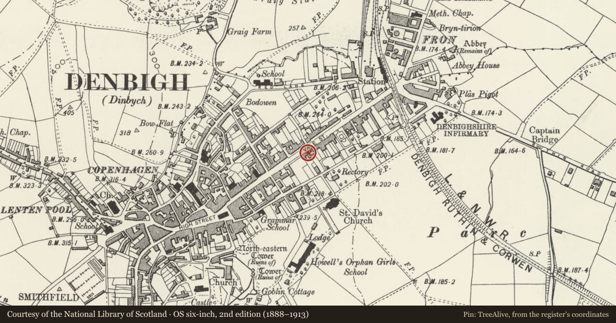 Ordnance Survey six-inch map, 2nd edition (1888–1913) covering the location of Gallt-y-Coed, Denbigh, Denbighshire, with a pin at the register's coordinates