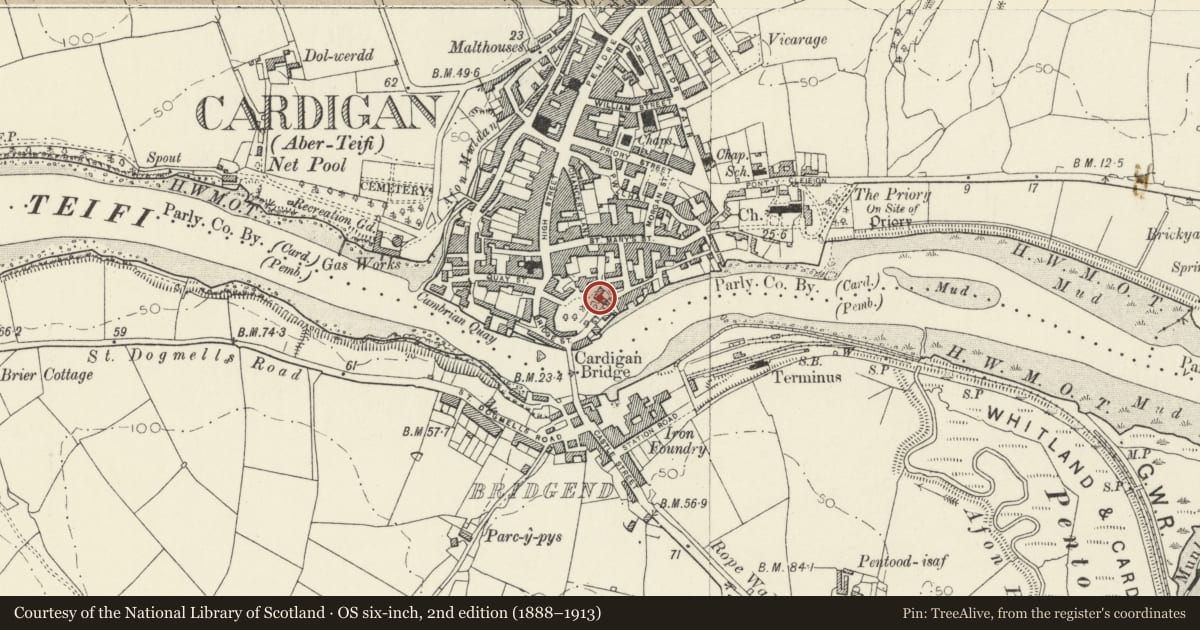 Ordnance Survey six-inch map, 2nd edition (1888–1913) covering the location of Outbuildings at Castle Green House Stable Yard, Cardigan, Ceredigion, with a pin at the register's coordinates