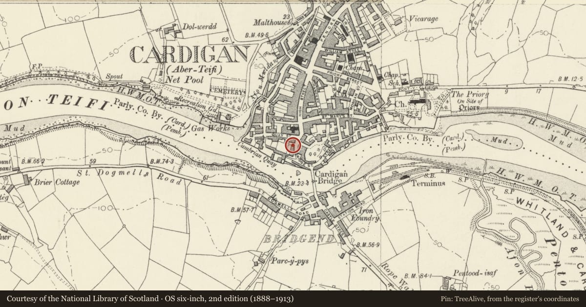 Ordnance Survey six-inch map, 2nd edition (1888–1913) covering the location of Dudley House, Cardigan, Ceredigion, with a pin at the register's coordinates