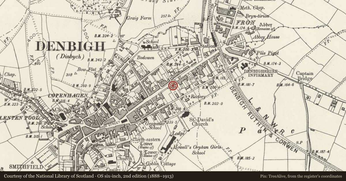 Ordnance Survey six-inch map, 2nd edition (1888–1913) covering the location of Gwydian House (62 & 62B), Denbigh, Denbighshire, with a pin at the register's coordinates