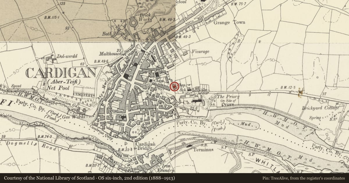 Ordnance Survey six-inch map, 2nd edition (1888–1913) covering the location of Capel Mair, Chapel House & Vestry, Feidrfair, Cardigan, Ceredigion, with a pin at the register's coordinates