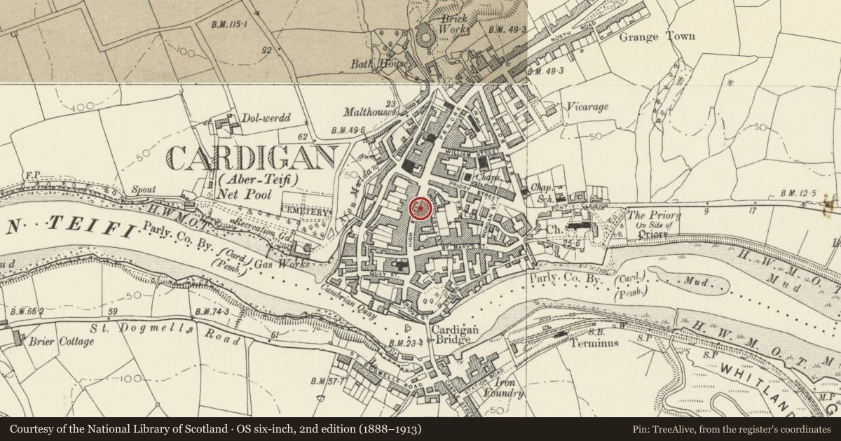 Ordnance Survey six-inch map, 2nd edition (1888–1913) covering the location of The Spinning Wheel, Cardigan, Ceredigion, with a pin at the register's coordinates