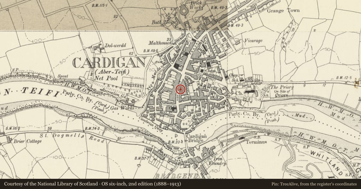 Ordnance Survey six-inch map, 2nd edition (1888–1913) covering the location of 28 High Street, Cardigan, Ceredigion, with a pin at the register's coordinates