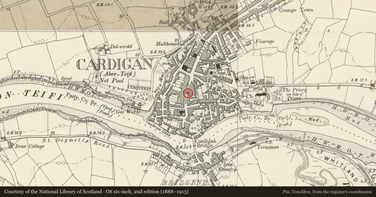 Ordnance Survey six-inch map, 2nd edition (1888–1913) covering the location of 29 High Street, Cardigan, Ceredigion, with a pin at the register's coordinates
