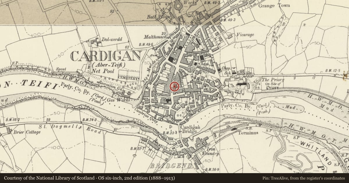 Ordnance Survey six-inch map, 2nd edition (1888–1913) covering the location of The Black Lion Hotel, Cardigan, Ceredigion, with a pin at the register's coordinates