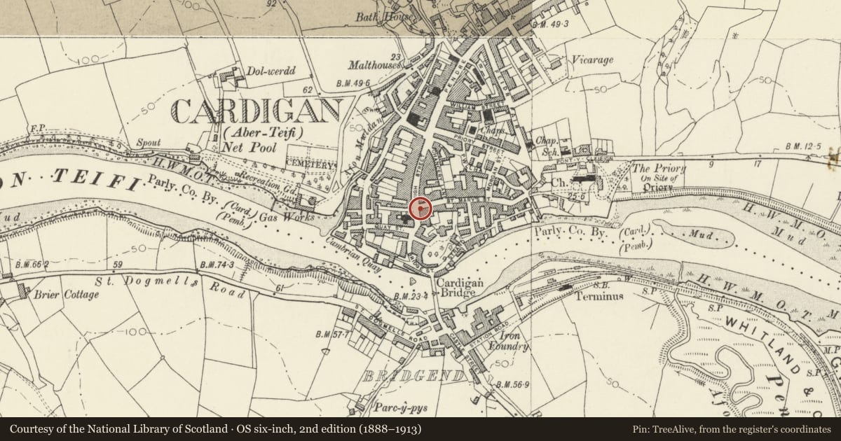 Ordnance Survey six-inch map, 2nd edition (1888–1913) covering the location of 35 High Street, Cardigan, Ceredigion, with a pin at the register's coordinates