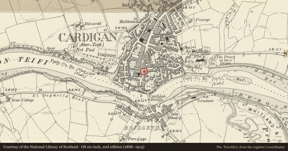 Ordnance Survey six-inch map, 2nd edition (1888–1913) covering the location of 36 High Street, Cardigan, Ceredigion, with a pin at the register's coordinates
