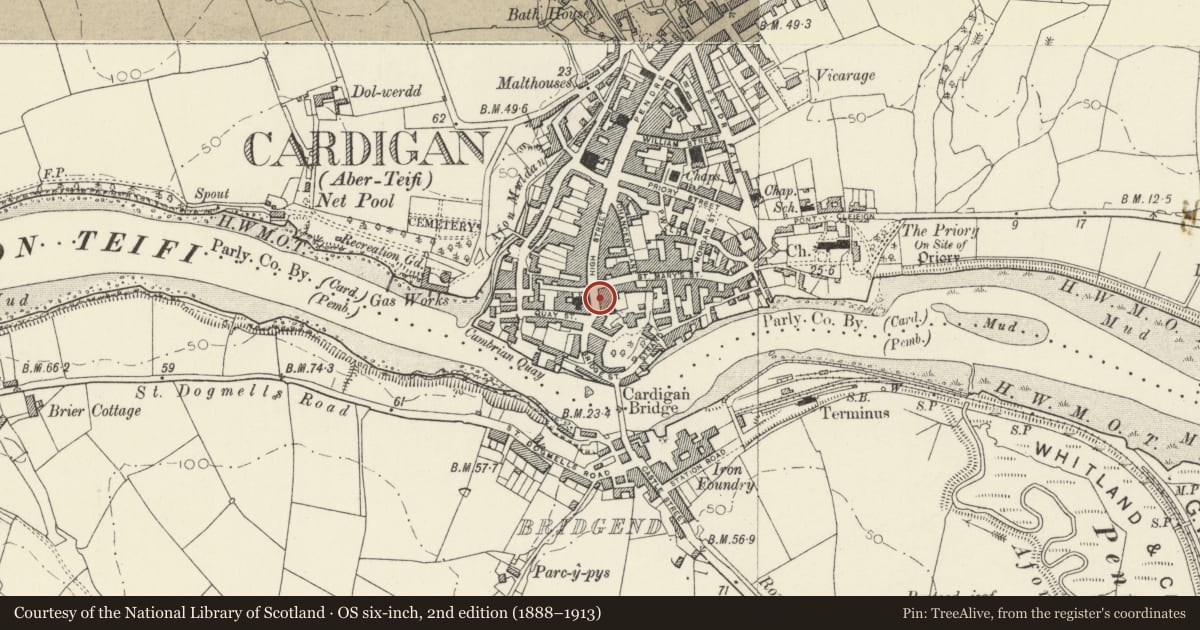 Ordnance Survey six-inch map, 2nd edition (1888–1913) covering the location of 37 High Street, Cardigan, Ceredigion, with a pin at the register's coordinates
