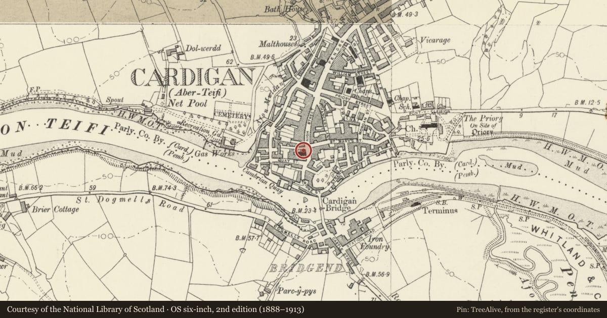 Ordnance Survey six-inch map, 2nd edition (1888–1913) covering the location of Ty Mawr, Cardigan, Ceredigion, with a pin at the register's coordinates