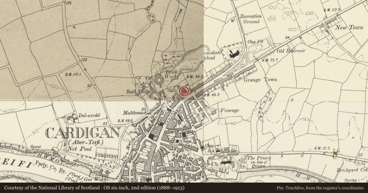 Ordnance Survey six-inch map, 2nd edition (1888–1913) covering the location of Highbury Hotel, Cardigan, Ceredigion, with a pin at the register's coordinates