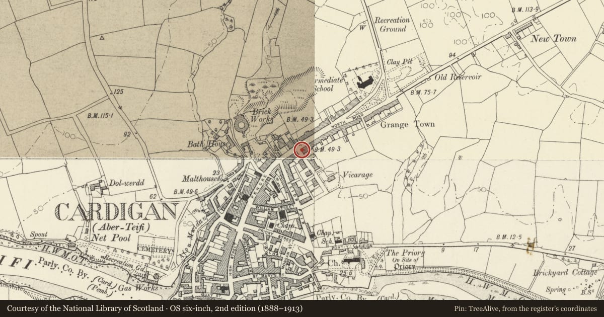 Ordnance Survey six-inch map, 2nd edition (1888–1913) covering the location of 1 Priory Terrrace, Cardigan, Ceredigion, with a pin at the register's coordinates