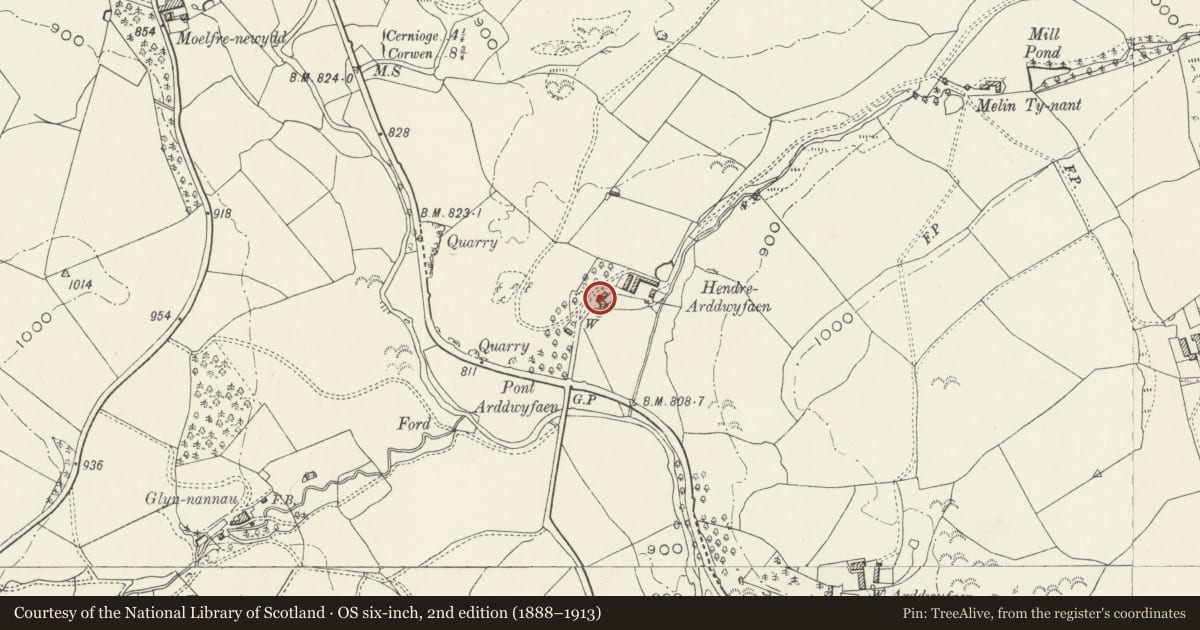 Ordnance Survey six-inch map, 2nd edition (1888–1913) covering the location of Hendre Arddwyfaen, Llangwm, Conwy, with a pin at the register's coordinates