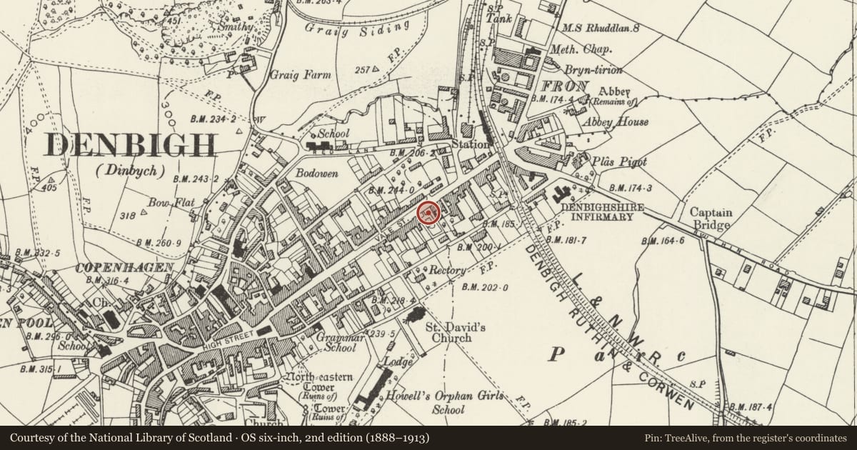 Ordnance Survey six-inch map, 2nd edition (1888–1913) covering the location of Jubilee Fountain to the N of Pierce's Memorial, Denbigh, Denbighshire, with a pin at the register's coordinates