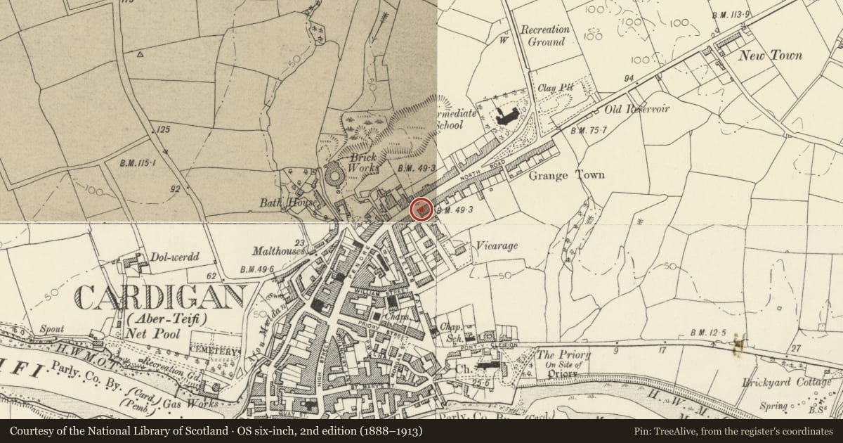 Ordnance Survey six-inch map, 2nd edition (1888–1913) covering the location of 3 Priory Terrace, Cardigan, Ceredigion, with a pin at the register's coordinates